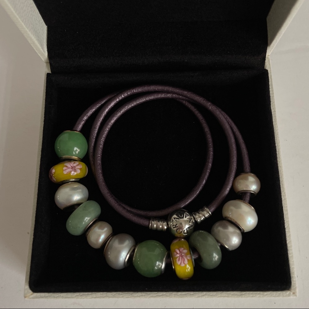 Pandora Purple Leather Double/Triple Bracelet with 12 Charms